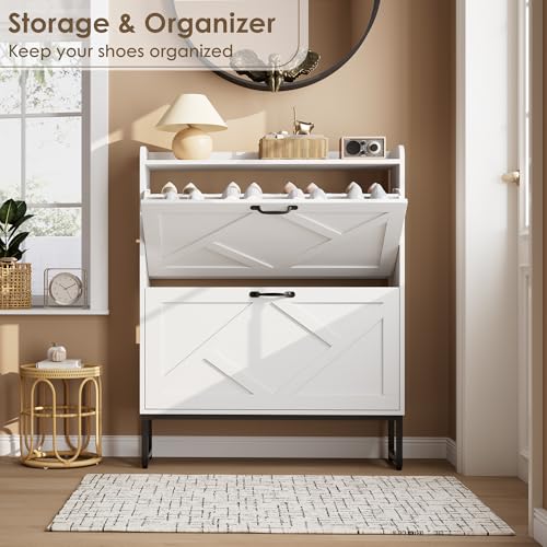 Nicetree Shoe Storage Cabinet with 2 Flip Drawers, Freestanding Shoe Organizer, Shoe Cabinet with Metal Legs, Narrow Shoe Rack Cabinet, Farmhouse Slim Shoe Cabinet for Entryway, Foyer, Hallway, White - color: White, style: 2-Drawers