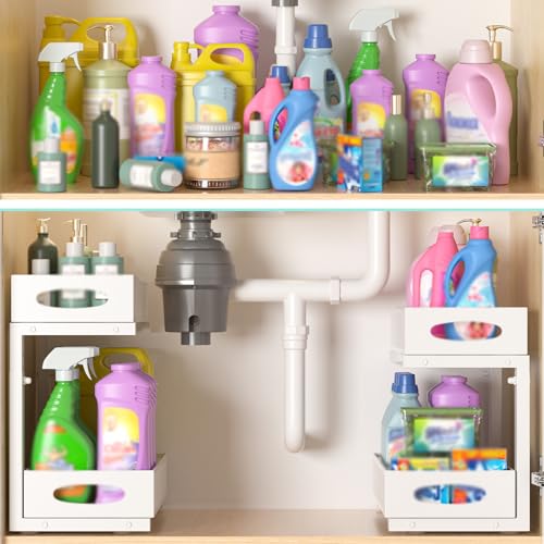 Under Sink Organizer, 1 Pack 2 Tier Metal Slide Out Pull Out Cabinet Organizer Shelf, Height Adjustable Organization and Storage Series, Bathroom/Desktop/Cabinet/Kitchen organization, White - color: White - Single Pack, size: Standard Version