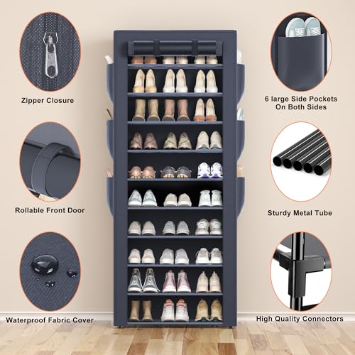 OYREL Shoes Rack 10 Tier Tall Shoe Rack with Storage Pockets, Fabric Covered Shoe Racks,Metal Shoes Rack Organizer for Closets,Bedroom, Garage - color: Grey