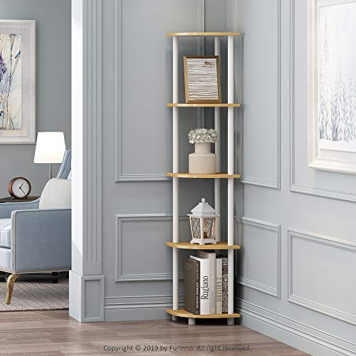 Furinno TURN-N-TUBE Corner Shelf, 5-Tier Corner Bookshelf, Open Storage Shelves, for Organization and Storage, Living Room, Home Office, Garage, Bedroom, Beech - color: Beech/White, size: 1-Pack