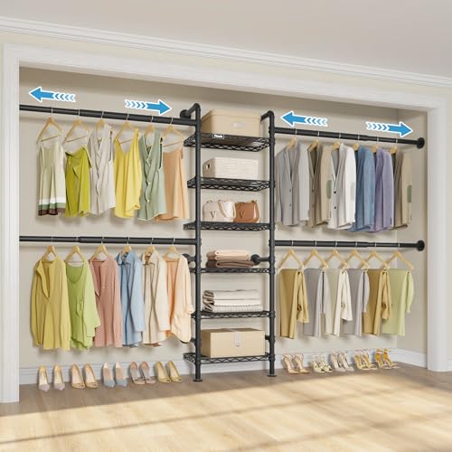Timate S3X Medium Expandable Wall Mounted Closet System, Heavy Duty Clothes Rack with 6 Adjustable Metal Shelves & 4 Hanger Rods, Closet Organizers and Storage Fits Spaces 5'3"- 8', Black - color: Black, size: S3X Medium