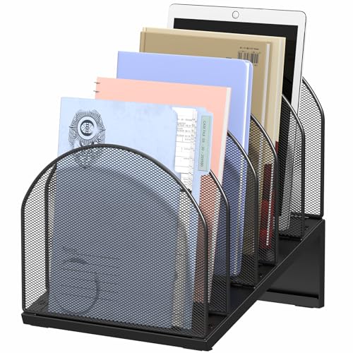 5-Section Desk File Organizer, Metal Mesh Folder Organizer for Documents, Mail & Office Papers (Black) - color: Black