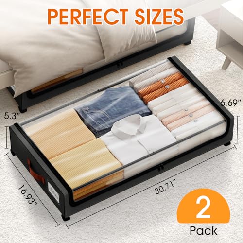 SpaceHacks Under Bed Storage with Wheels 2Pack Storage Containers with Clear Window&Label Under Bed Drawers Rolling Under Bed Storage for Clothes,Shoes, Blankets (30.71 x 16.93 x 6.69 in, Black) - color: Black, size: 2 pack