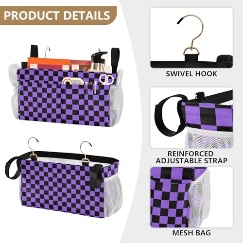 Checkerboard Black Purple Plaid Print Bedside Caddy Storage Bag Bedside Organizer for Bunk Bed Headboards College Organizer Caddy Hanging Shelf 6 Pockets with Hooks for Drinks Magazine Phone Holder - color: Checkerboard Black Purple
