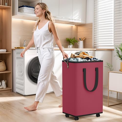 SpaceTrove Laundry Basket with Wheels, Collapsible Laundry Baskets, Laundry Hamper with Handles Detachable Wheels, Rolling Laundry Basket, Dirty Clothes Hamper for Bathroom, Dorm, Bedroom, Red, 100L - color: Red, size: 100L
