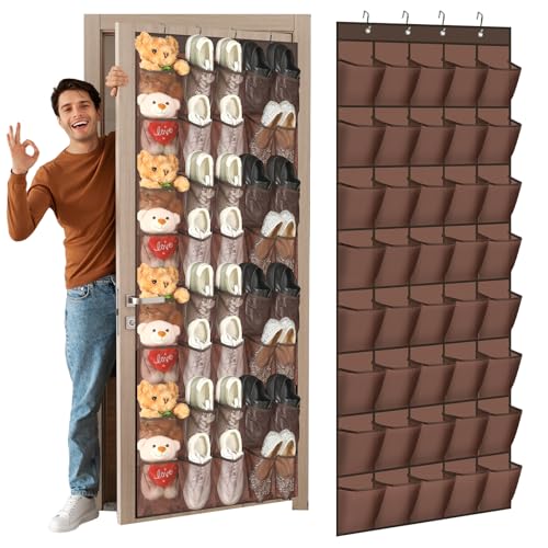 Windyun 40 Over the Door Shoe Organizer Large Breathable Mesh Pockets Hanging Shoe Rack for Closet Brown Behind Door Hanger Storage Holder Nonslip Hooks for Women Men Entryway Bedroom Utility Room - color: Brown