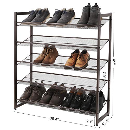 SONGMICS Shoe Rack, 5-Tier Shoe Organizer, Metal Shoe Storage for Garage, Stackable Shoe Shelf, with Adjustable Flat or Angled Shelves, 20-25 Pairs, Bronze ULMR05A - color: Bronze, size: 5 Tiers (36.4''W)