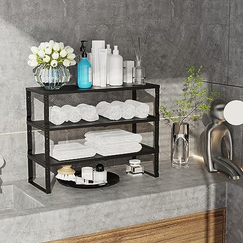 Jojocross Expandable Adjustable Stackable Kitchen Organizer, Spice Rack,Metal Pantry Storage Shelves Racks,Counter Shelf for Cabinets, Countertop, Cupboard(2 Packs/Medium/Black) - color: 2 Packs/Black, size: 7.87"D x 16.6"~26.5"W x 6.1"/7.5"H