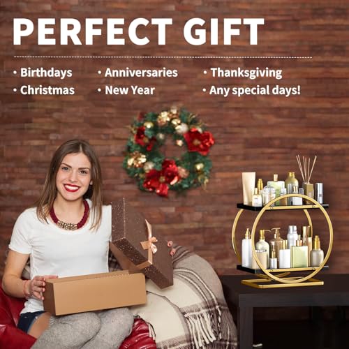 Makeup Organizer for Vanity, Black Gold Perfume Organizer for Dresser, 2-Tier Bathroom Countertop Organizers, Bathroom Counter Shelf Skincare Holder Perfume Tray Cosmetic Display - color: ‎black Gold, Circular