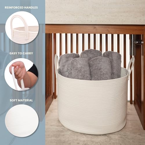 OrganiHaus Large Woven Storage Basket for Blankets and Toys 20" x 13" Inch, Rope Laundry Basket with Handles, Cushions & Pillows Storage Bin, Nursery Hamper, Soft Round Dog Toy Bin - Off-White - color: Full Off-White, size: Wide