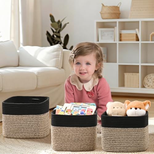 3 Pack Cube Storage Bin, 9”x9”x7” Cotton Rope Woven Baskets for Organizing Toys Clothes Towels, Square Gift Storage Baskets for Shelves, Nursery, Closet, Bathroom, Pantry (Black & Brown) - color: Black & Brown, size: 9" x 9" x 7"
