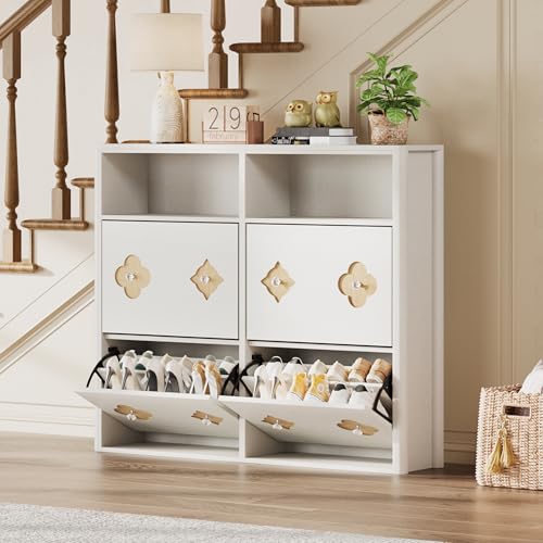 GarveeHome Shoe Cabinet with 4 Flip Drawers, Narrow Wood Shoe Organizer Cabinet with Floral Pattern, Freestanding Slim Shoe Rack Cabinet with Adjustable Shelves & Open Storage, for Entryway, White - color: Antique White, size: 4-Drawers