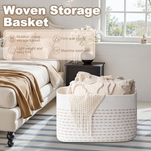 OIAHOMY 75L Blanket Basket, Woven Cotton Rope Basket for Organizing 22”x17”x12”, Used for Living Room, Bedroom, Nursery, Light Yellow & White - color: Light Yellow & White, size: 22”x17”x12”