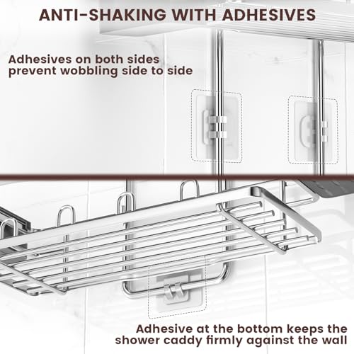 REINHARDT Shower Caddy Hanging, Rustproof Shower Caddy Anti-Swing Shower Organizer Over Showerhead No Drilling Shower Racks with Soap Holder Multi Hooks Bathroom Storage for Shampoo Sponge, Silver - color: Silver