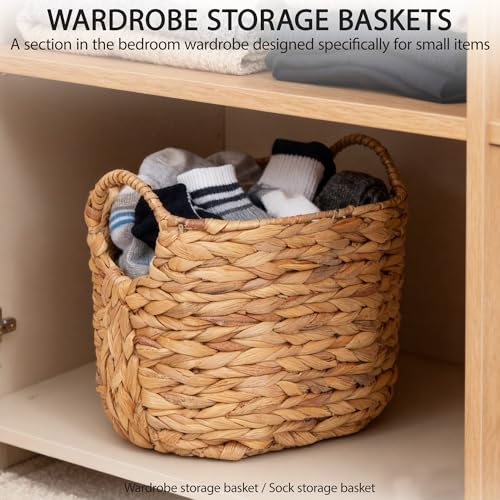 Water Hyacinth Storage Basket with Handles, Woven Boho Storage Basket for Organizing, 11.8" x 7.87" x 8.66" Natural Oval Handwoven Basket for Shelf, Bathroom, Living Room