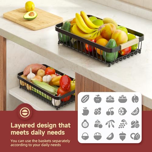 Sevenblue 3 Tier Fruit Basket for Kitchen Counter with 2 Mobile Banana Hangers, 2026 Pro Detachable Metal Fruit Bowl with Wooden Handle, Fruit Holder for Bread Snack Veggies with Protective Mats - color: Black, size: 3 Tier