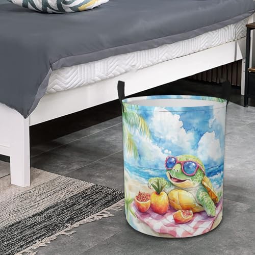 Tropical Turtle Beach Laundry Basket Ocean Animal Foldable Laundry Hamper with Handles Clothes Storage Bin for Household Bedroom Bathroom Dorms 17.3"x13.6" - color: Tropical Turtle Beach