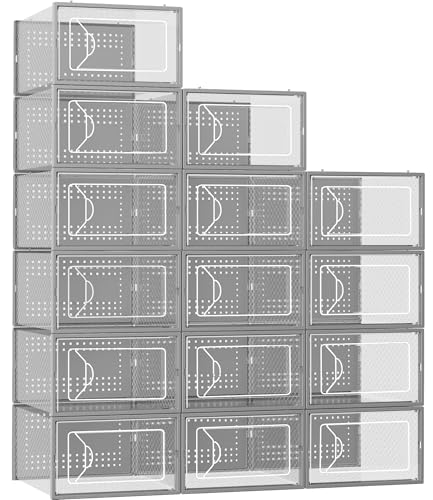Foluck Shoe Storage Box, 15 Pack Clear Plastic Stackable Shoe Organizer for Closet, Interlocking Design Shoe Container Bins for Sneakers, Foldable Shoe Rack with Lids, Gray - color: Gray