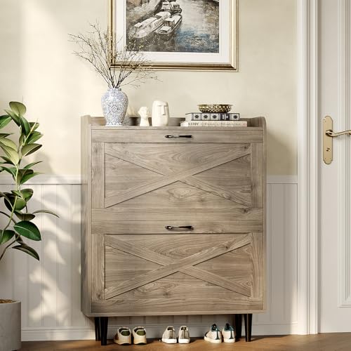 VINGLI Shoe Storage Cabinet for Entryway with 2 Flip Drawers, Ultra Slim Freestanding Entryway Shoe Organizer with Wood Tapered Legs,Hidden Closed Shoe Rack,31.6" W * 9.4" D * 39.4" H, Grey Oak - color: Rustic Grey Oak, size: 31.5"W 2 Drawers