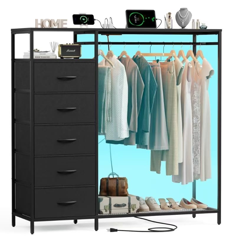 47 Inch Black Dresser with LED Lights & Hanging Rack, 5 Drawer Fabric Dresser with Charging Station and Shelves, Tall Closet Organizer for Bedroom Clothes Storage - color: Black, size: 11.8"D x 39.4"W x 31.5"H (5 Drawers)