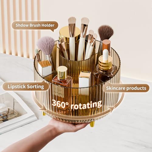 Clear Rotating Makeup Organizer Countertop for Vanity, 360° Makeup Brush Holder Organizer with 5 Compartments, Transparent Cosmetic Storage for Lipstick, Skincare, Bathroom Counter (Transparent Amber) - color: Transparent Amber