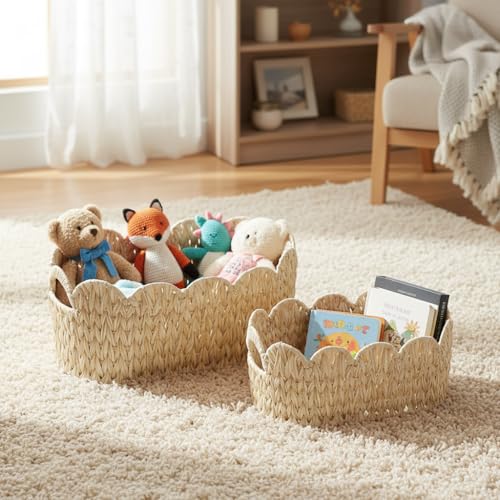 Coeusy Wicker Scalloped Basket Set of 2,Woven Storage Baskets for Shelves,Closet,Laundry,Gifts,Towels,Books,Toys,Waterproof Boho Decor Basket for Organizing - color: Beige