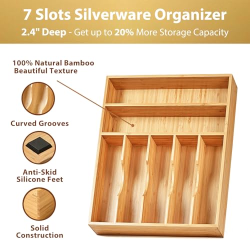Umilife Kitchen Drawer Organizer, 12.5 Inch Silverware Utensil Tray Holder, Extra Deep, with Non-Slip Feet & Grooved Drawer Divider, 7 Slots Total Bamboo Wood Caddy for Flatware Cutlery Knives - size: 12.5 x 16.5 inch (7 Slots)