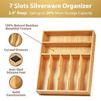 Umilife Kitchen Drawer Organizer, 12.5 Inch Silverware Utensil Tray Holder, Extra Deep, with Non-Slip Feet & Grooved Drawer Divider, 7 Slots Total Bamboo Wood Caddy for Flatware Cutlery Knives - size: 12.5 x 16.5 inch (7 Slots)