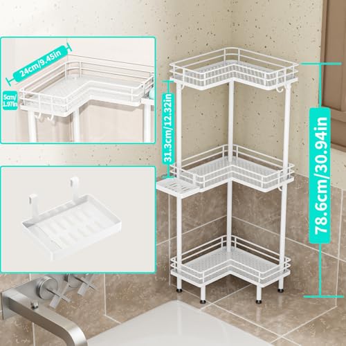 HapiRm Corner Shower Caddy Standing - 3 Tier Shower Organizer Corner with Soap Holder, Rustproof Bathroom Standing Organizer with 4 Hooks, White - color: White, size: 3-tier