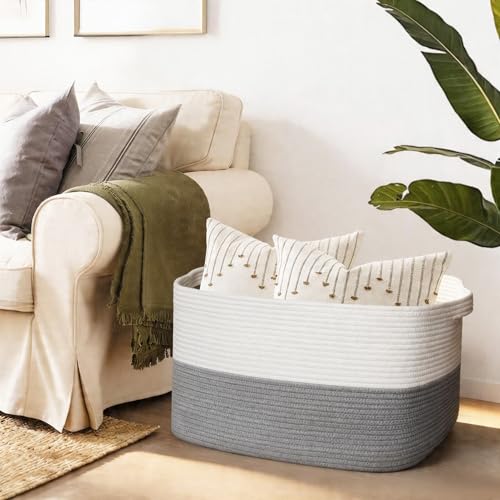 MEGASKET Extra Large Laundry Basket, Rectangle Woven Cotton Rope Storage Basket with Handles, Wicker Laundry Hamper, Farmhouse Storage Bin for Blankets Clothes Toys, Grey, 22" x 17" x 12" - color: White & Gray, size: 22"x17"x12"