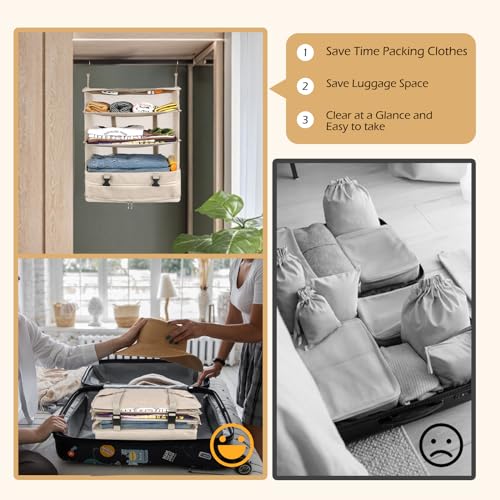 Surblue Hanging Closet Storage Bag Collapsible 3-Shelf Washable Oxford Fabric with 2 Hooks (XL 17.71 * 11.81 * 20in, Beige) - color: Beige, size: XL 17.71*11.81*20in