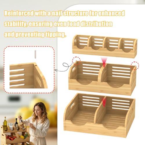 Upgraded 3 Tier Bamboo Pantry Storage Bins,Large potato storage With 2 Banana Hangers,Stackable Potato and Onion Storage Bin with Airflow Vent, Pantry Baskets, Vegetable Storage,for Kitchen Countertop