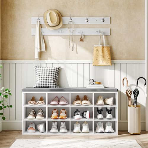 HOOBRO Shoe Storage Bench with Cushion, 39.4" L Entryway Bench with 12 Cubbies, Entryway Hall Tree with Storage, Cubby Shoe Rack Bench with Coat Rack for Hallway, Holds up to 330 lb, White WT112HX01 - color: White + Gray