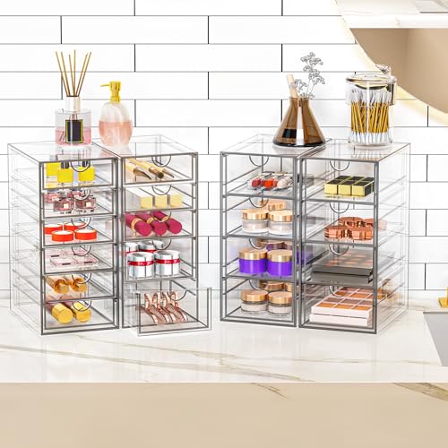 YFXCVSL Acrylic Makeup Organizer with 19 Drawers, 4 Pack Clear Storage Drawers, Bathroom Makeup Organizer for Palettes, Cosmetic, and Beauty Supplies,Ideal for Vanity, Cabinet,Desk Organization - size: 19 Drawers