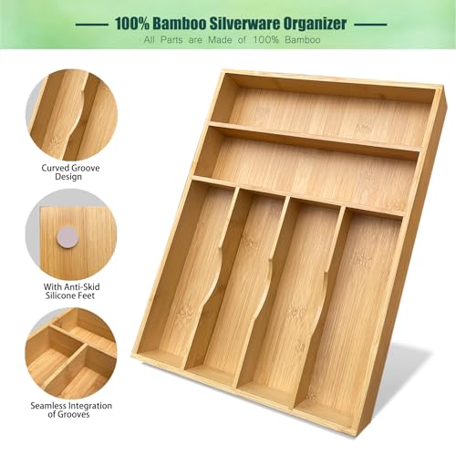 guiogc Bamboo Kitchen Drawer Organizer, 11.6" W x 17" H Silverware Utensil Tray Holder, Wood Cutlery Tray for Silverware, Flatware, Bedroom, Organization of office supplies - size: 11.6"Wx17"D(6-Slots)