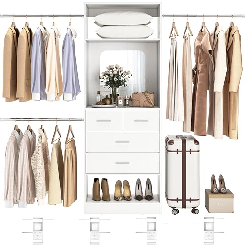 Unikito 48" W - 96” W Closet Organizer, 8FT Walk in Closet Systems Starter Kit with 25” Tower and 3 Extendable Hanging Rods, Sturdy Wood Garment Rack with 4 Drawers and Mirror, Max Load 1000 LBS White - color: White