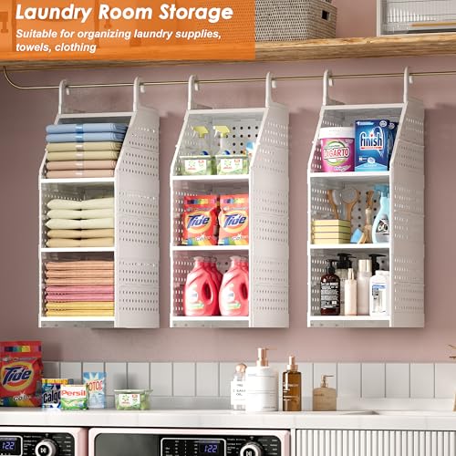 Honkazita 3-Tier Foldable Hanging Closet Organizer, Free-Standing | Closet Hanging Organizer for Wardrobe, Laundry Room, Plastic Hanging Closet Shelves for Clothes, Handbags, Accessories (White)
