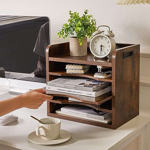 YMYNY Desktop File Organizer with Handle, Document Letter Mail Tray Sorter with 3 Adjustable Shelves, 5 Tiers Paper Holder for School Home Office Desk, Rustic Brown,13.4 * 12.4 * 9.06" UHBC006H - color: Rustic Brown
