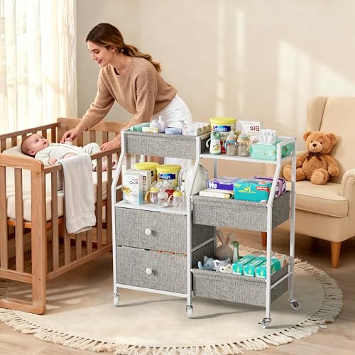 DTK Baby Diaper Caddy Organizer, 3 Tier Rolling Diaper Cart with Dividers and Drawers, Mobile Utility Baby Storage Cart with Wheels, Baby Newborn Essentials for Nursery, Bedroom, Charging Table，Crib