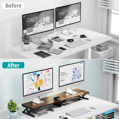 Dual Monitor Stand Riser, Large Wood Monitor Riser for 2 Monitors, Monitor Lift with Storage for Desk, Sturdy Wood&Steel Multi Screen Stand, Desktop Organizer Monitor Stand for Computer - color: Rustic Brown