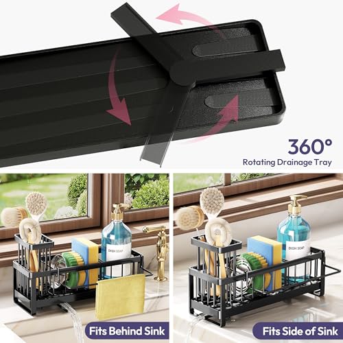 SWTYMIKI Sponge Holder for Kitchen Sink - Sink Caddy with Brush Holder Self-draining Sponge Caddy Organizer with Divider Stainless Steel Kitchen Accessories Storage for Countertop, Black - color: Black