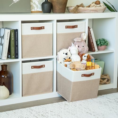 OrganiHaus 12" x 12" x 12" Fabric Storage Bins - Set of 4, Cube Canvas Organizer Bins with Vegan Handles, Kallax Storage Cubes, 12 Inch Cubic Baskets for Shelves - Beige/White - color: Beige Base / Off-White, size: (12x12) Leather Handles