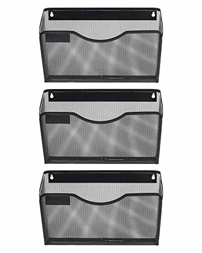 EasyPAG 3 Pack Wall File Organizer with Label Panel, Metal Mesh Hanging File Folder Holder for Letter/A4 Size Folders, Vertical Wall Mount Mail Sorter for Office Paperwork, Classroom, Black - color: Black With Panel