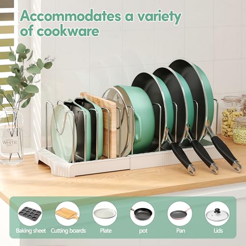 Pots and Pans Organizer for under Cabinet, Pan Pot Organizers inside Cabinet, Expandable Organizer with 10 Adjustable Dividers for Cookie Sheets, Cutting Boards, Pot Lids, Cookware - Frying Pan Rack - color: White, size: 10 Adjustable Dividers
