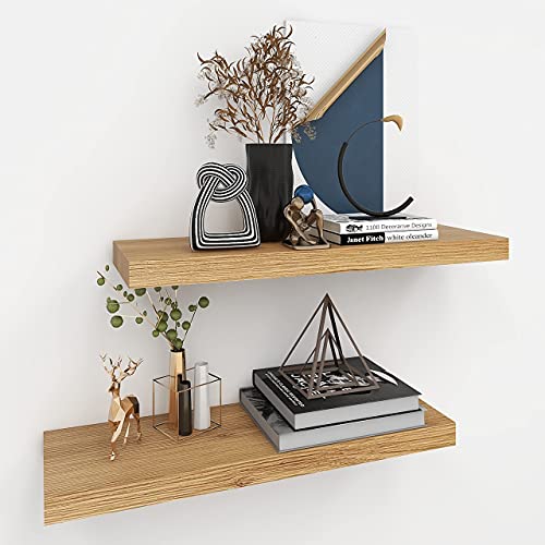 INHABIT UNION Oak Floating Shelves for Wall，24in Wall Mounted Display Ledge Shelves Perfect for Bedroom, Bathroom, Living Room and Kitchen Decoration Storage (Oak, Set of 2) - color: Oak, size: 24 Inch