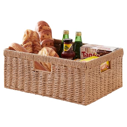 OIAHOMY Wicker Storage Basket, Rectangular Paper Rope Shelf Baskets with Built-in Handles, Woven Decorative Organizer for Pantry, Shelves, Living Room and Bathroom, 1-Pack Natural - color: Natural