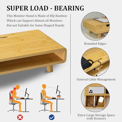 Homerays Monitor Stand with Drawer, Exquisite Computer Monitor Stand for Desk, Ergonomic Wood Monitor Stand Riser for Computer,Laptop,Printer,TV,Upgrade Bamboo - color: Upgraded Bamboo