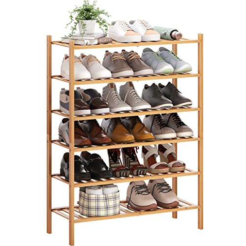 BMOSU 6-Tier Bamboo Shoe Rack Premium Stackable Shoe Shelf Storage Organizer for Hallway Closet Living Room Entryway Organizer (Natural Bamboo) - color: Natural Bamboo, size: 6-Tier（27*11*36.6inches）