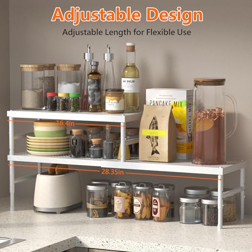 Expandable adjustable stackable kitchen organizer,Spice Racks,Counter Shelf for Cabinets,Small Cupboard Organizers,Heavy Duty Metal Pantry Storage Shelves Racks for kitchen, cabinet, study, bathroom - color: White