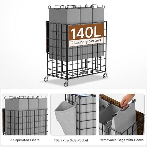 Laundry Basket with Wheels, Heavy Duty Laundry Sorter 3 Sections, 140L (37Gal.) Large Capacity Laundry Hamper with Wood Lid, 360 Rolling Wheels, Extra Side Pocket, Leather Pull Handle (Grey) - color: Grey, size: 140L